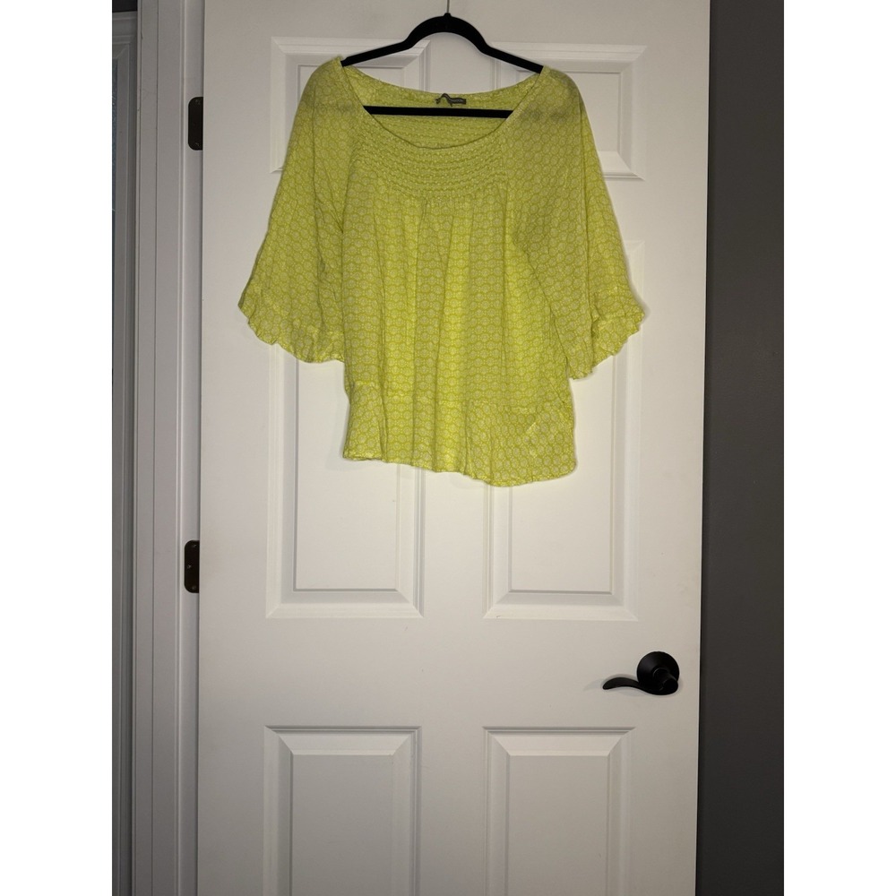 Wit And Wisdom Smocked Yoke Blouse Green White Floral Print Large